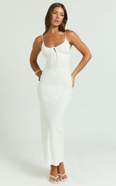 Avelina Midi Dress - Bias Cut Linen Look with Open Tie Back Dress in White